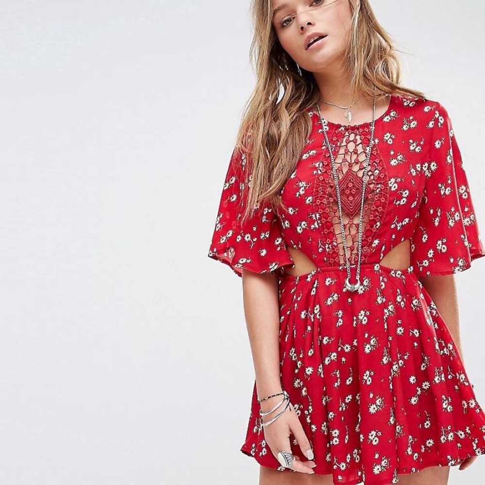 ASOS Kiss The Sky Festival Romper In Red Disty Flower Print